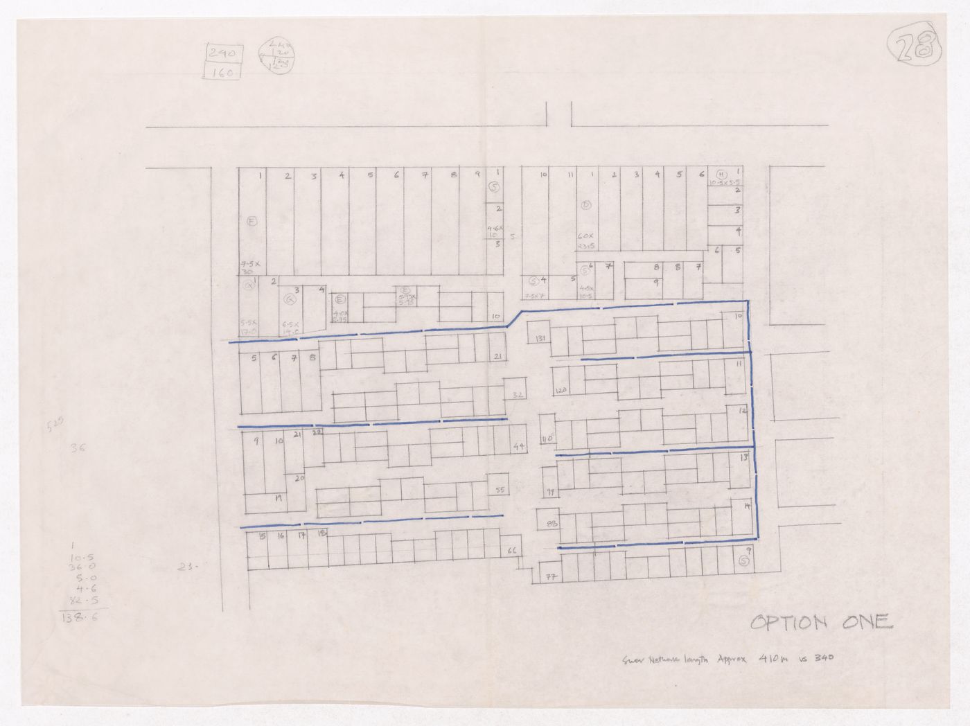 Sketch showing plots layout development for Minimum Cost Housing Group's plot in Aranya township, India, for Aranya Housing Project