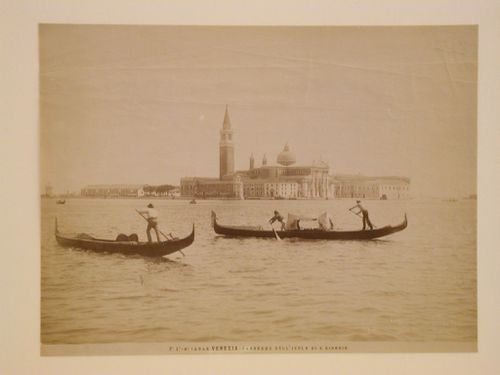 View from the water of the Island of San Giorgio with a Benedictine convent and monastery across the river from San Marco; the Church of San Giorgio Maggiore, Venice, Italy