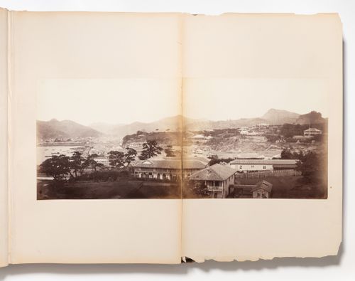Panorama of the harbour and the foreign settlements of Oura-machi and Deshima, Nagasaki, Japan