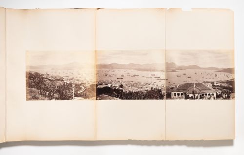 Panorama of Hong Kong (now Hong Kong, China), Hong Kong harbour and Kowloon Peninsula showing the Albany and other buildings, and ships