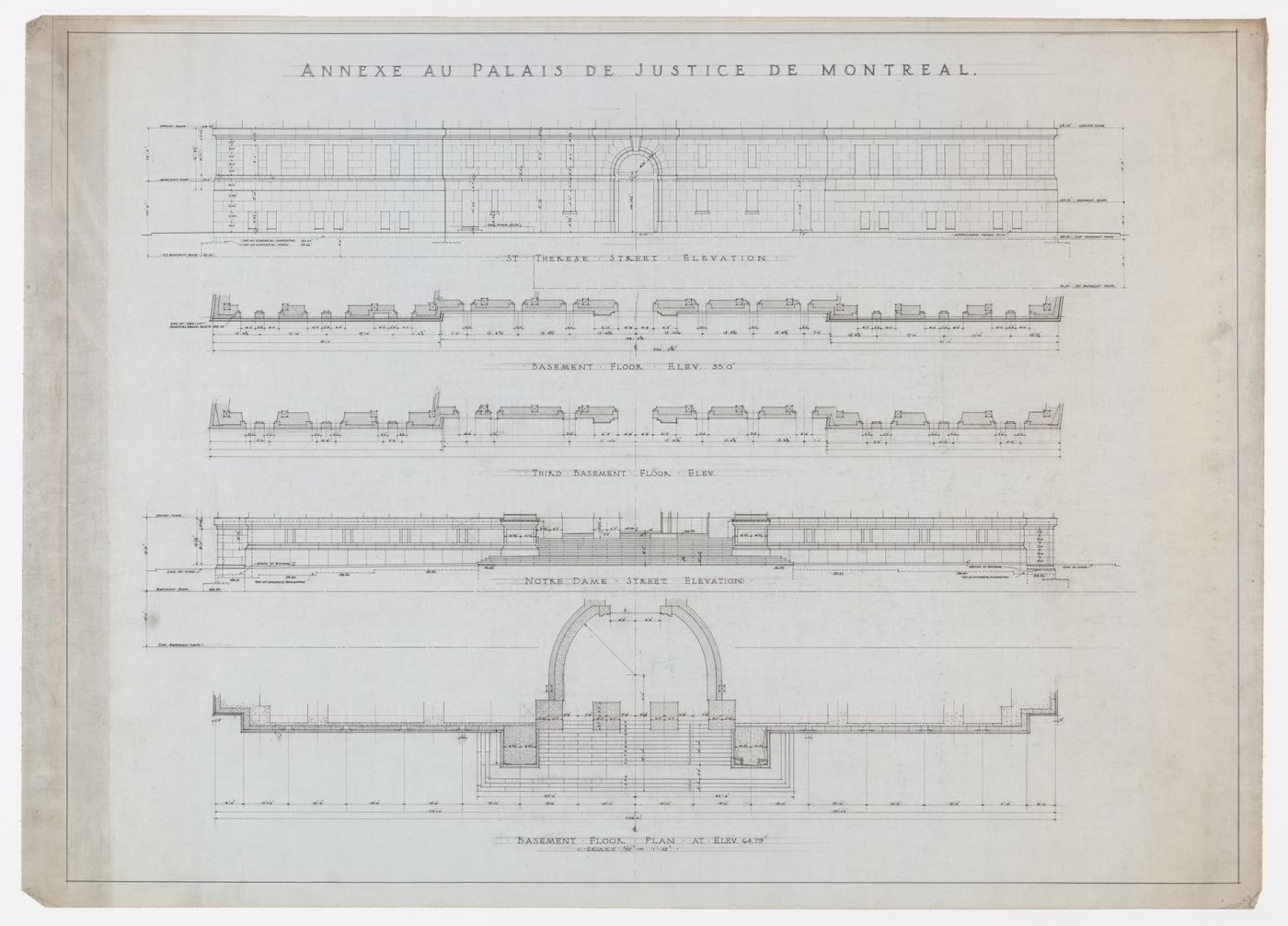 Plans et élévations extérieures des étages inférieures avec devis de pierre, Annexe au Palais de Justice de Montréal, Montréal, Canada (1920-1927)