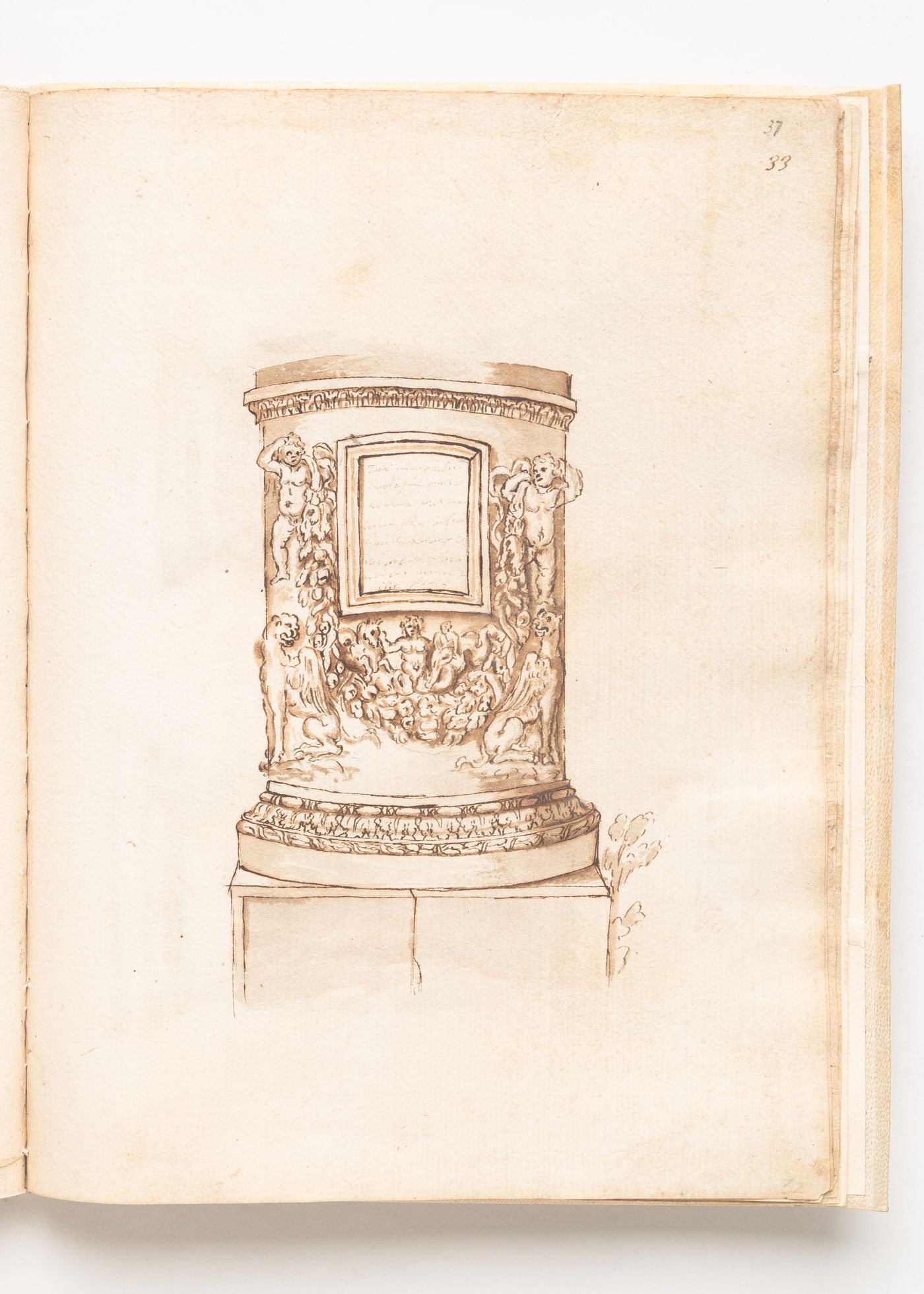 Round base or altar with inscription tablet, garland and griffins