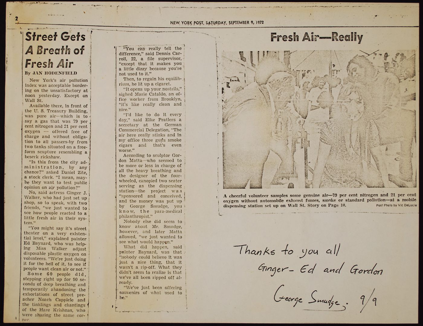 Annotated photocopy of a newspaper article by Jan Hodenfield, "Street Gets a Breath of Fresh Air, "New York Post", p. 2
