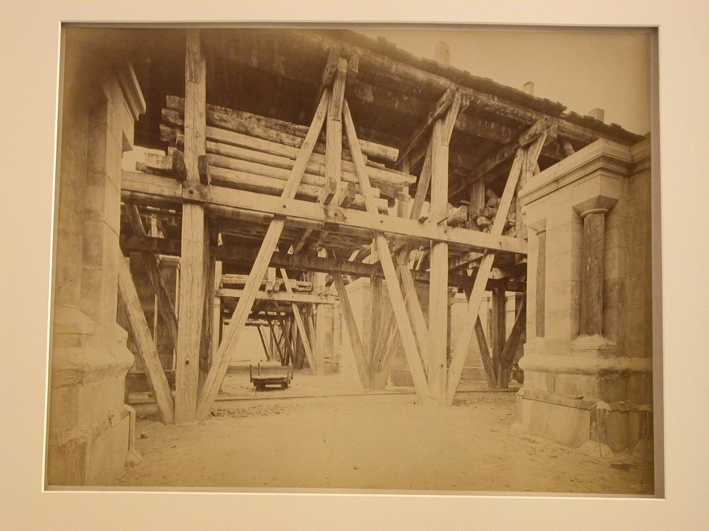 View of Sacré-Coeur construction site, incomplete walls, and scaffolding, Paris, France