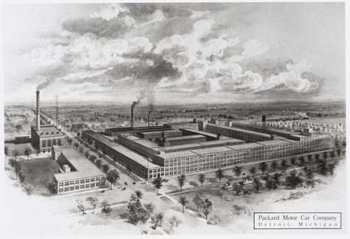 Photograph of a bird's-eye perspective drawing for the Packard Motor Car Company Assembly Plant (now abandoned), East Grand Boulevard, Detroit, Michigan