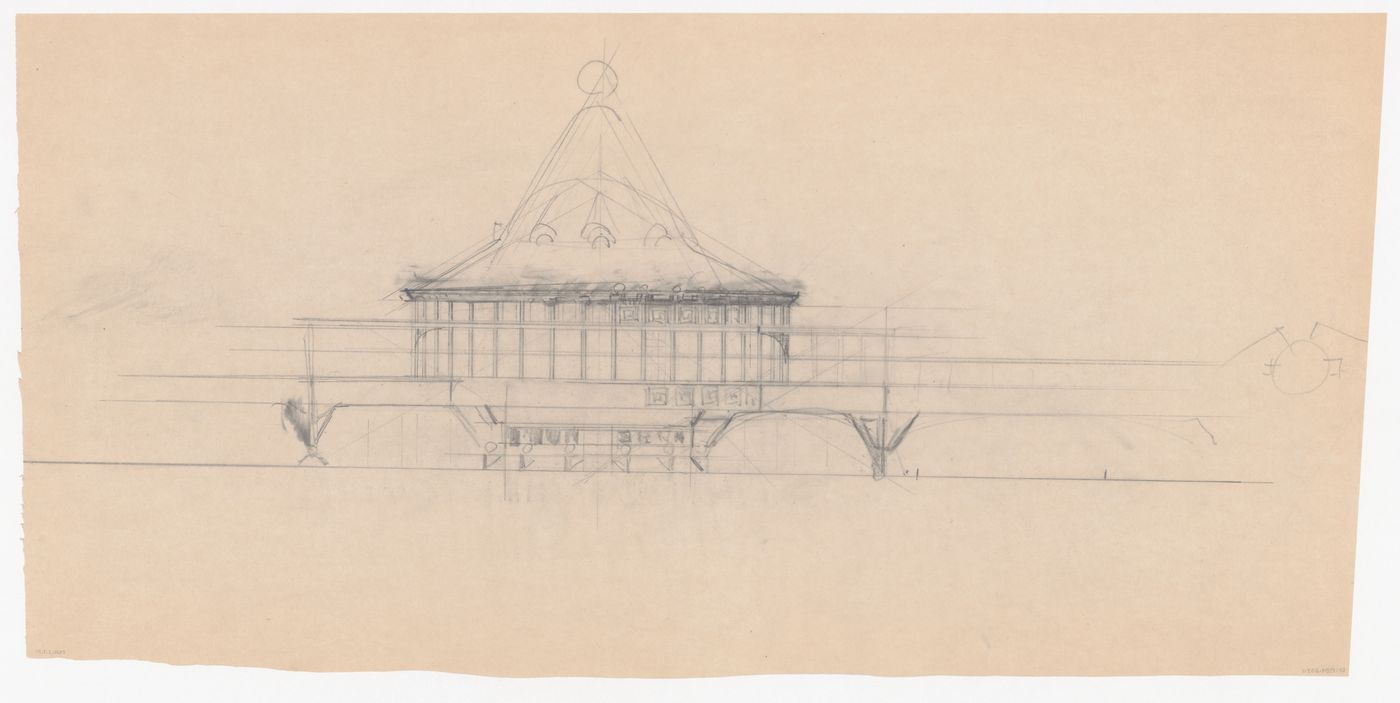Elevation and sketch plan for Café Viaduct for the reconstruction of the Hofplein (city centre), Rotterdam, Netherlands