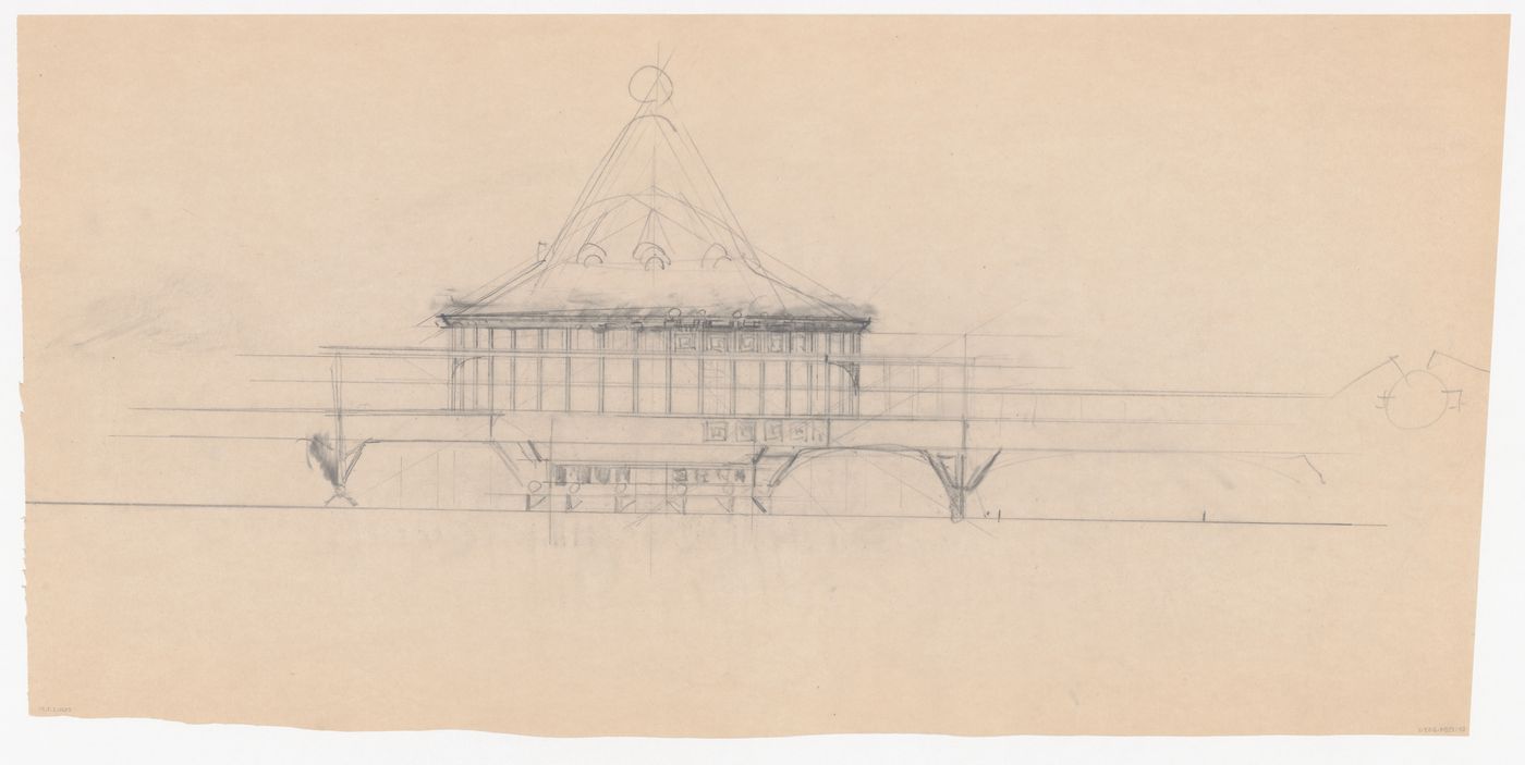 Elevation and sketch plan for Café Viaduct for the reconstruction of the Hofplein (city centre), Rotterdam, Netherlands
