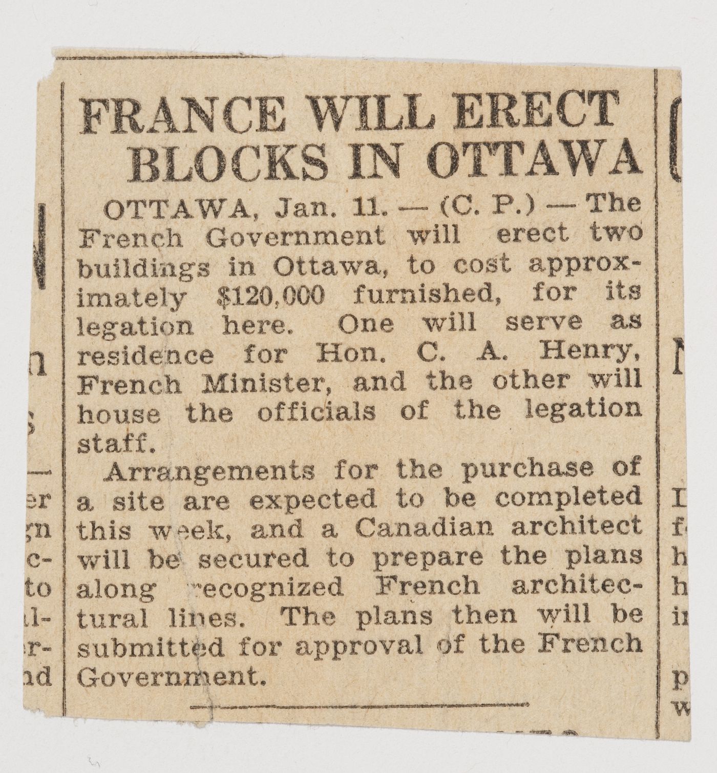 Coupure de presse au sujet de la construction d'immeubles de la Légation de France, Ottawa, Ontario