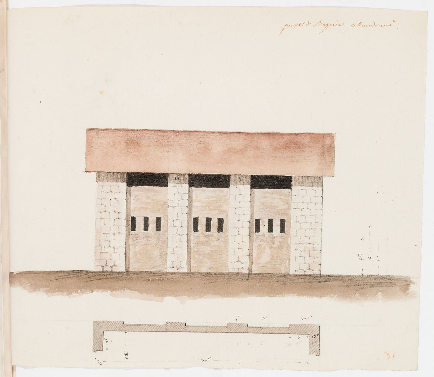 Front elevation and partial plan for a sheepfold, probably for Domaine de La Vallée