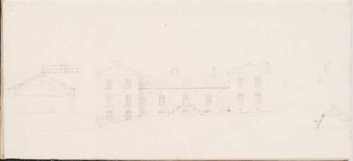 Elevation, probably the terrace façade, with sections showing the roof trusses for the house, Domaine de la Vallée