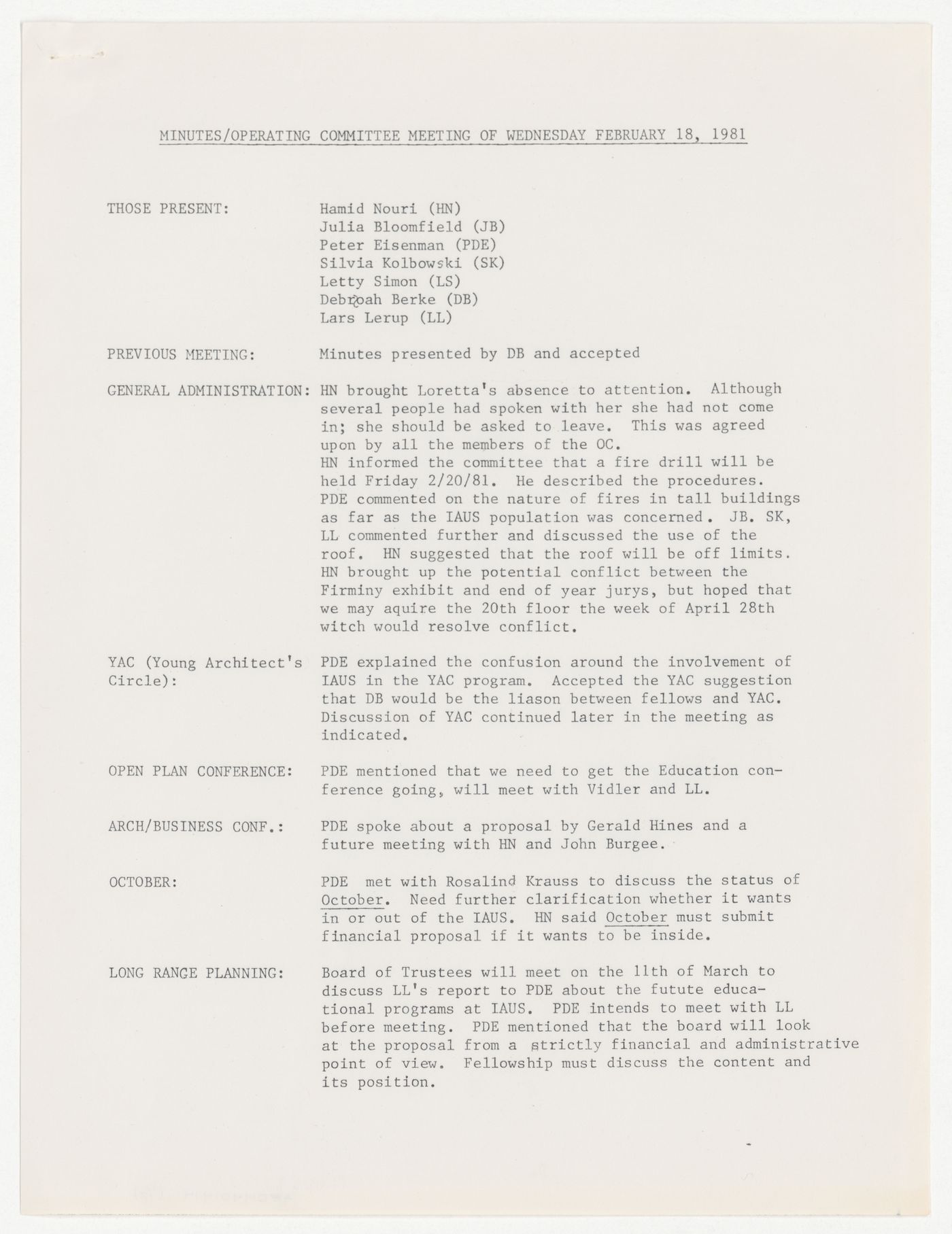 Minutes of meeting of the Operating Committee
