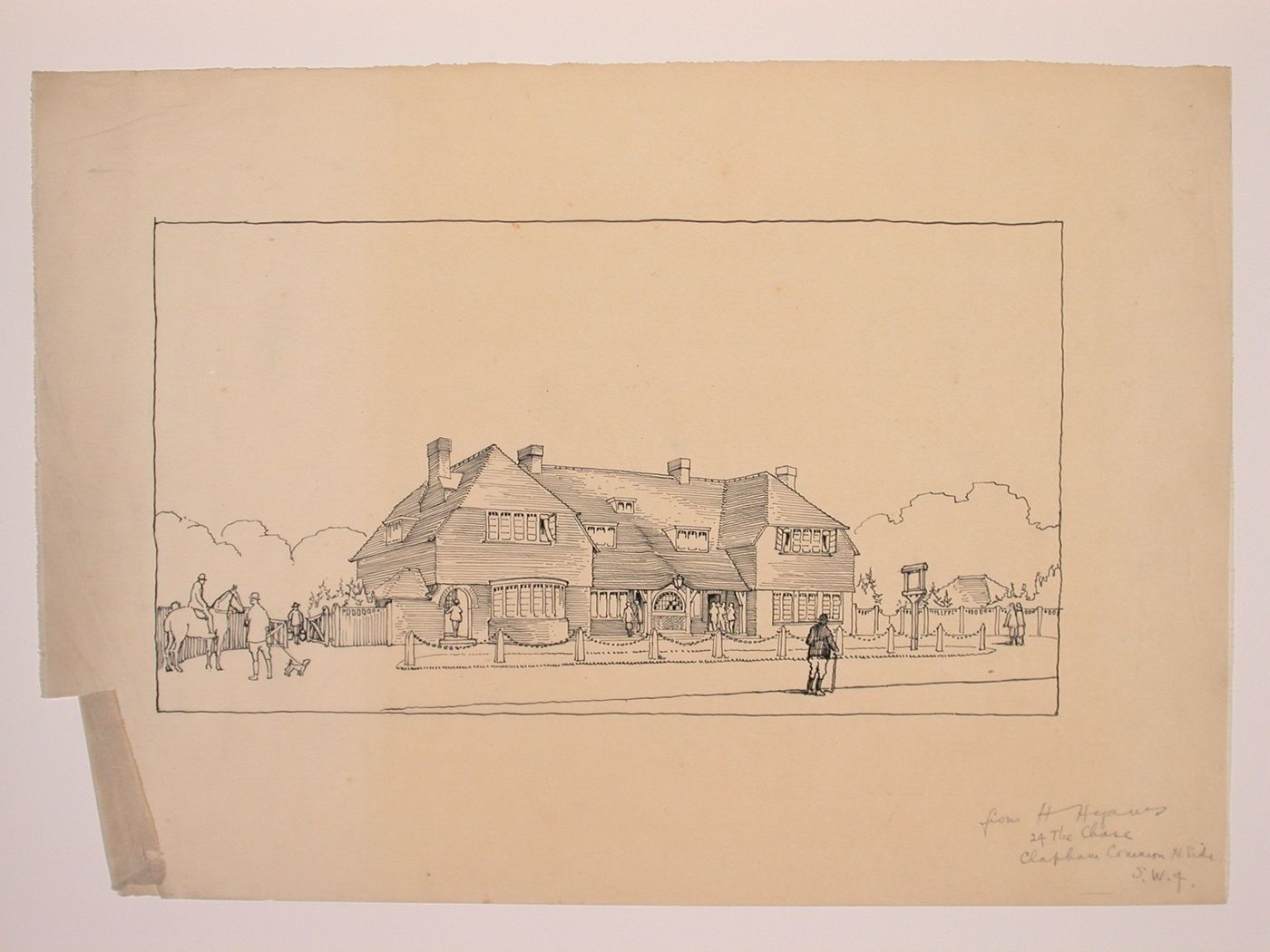 Perspectival view showing a large building set in the countryside, possibly a clubhouse