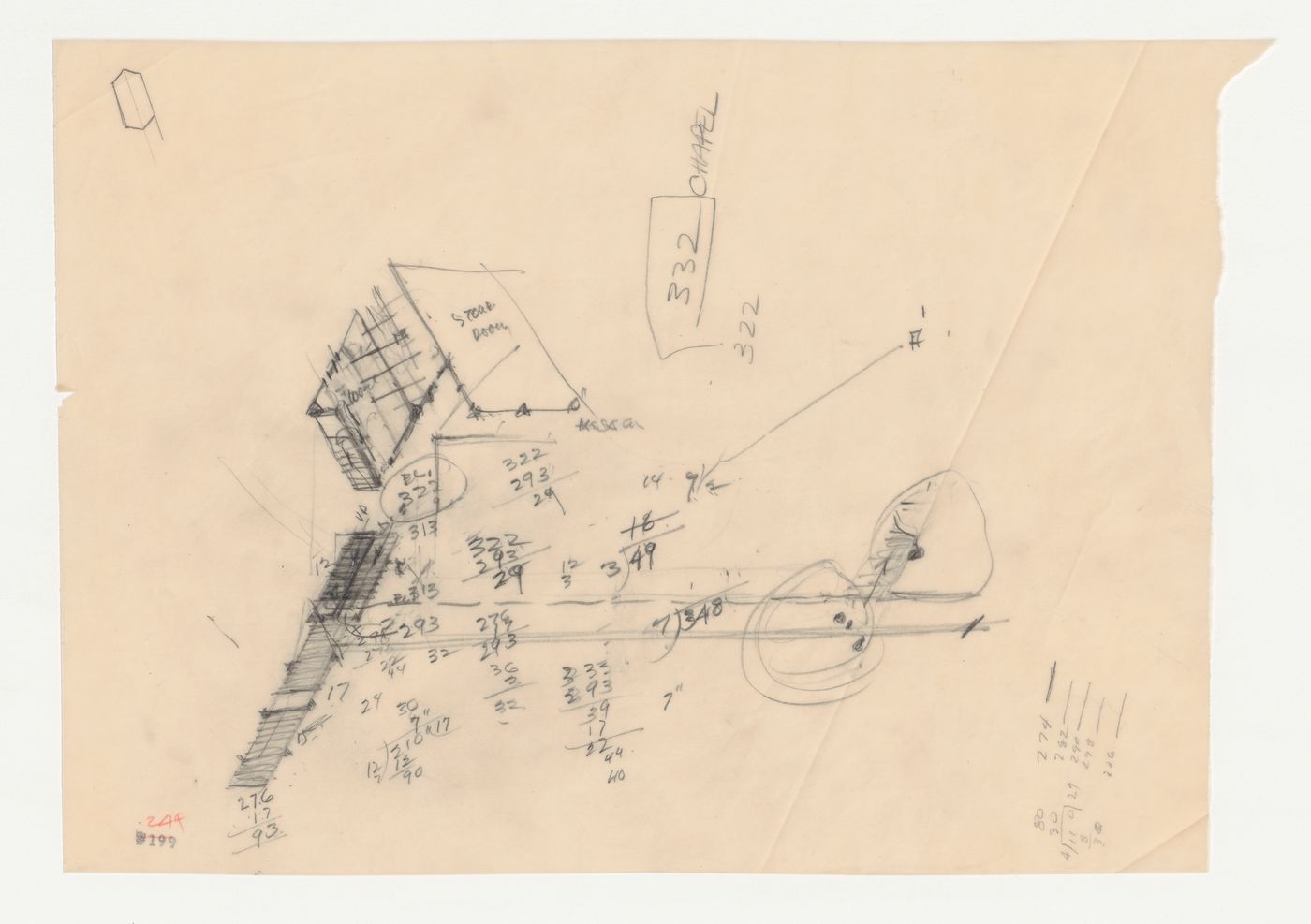 Swedenborg Memorial Chapel, El Cerrito, California: Partial sketch plan and calculations for the lower building