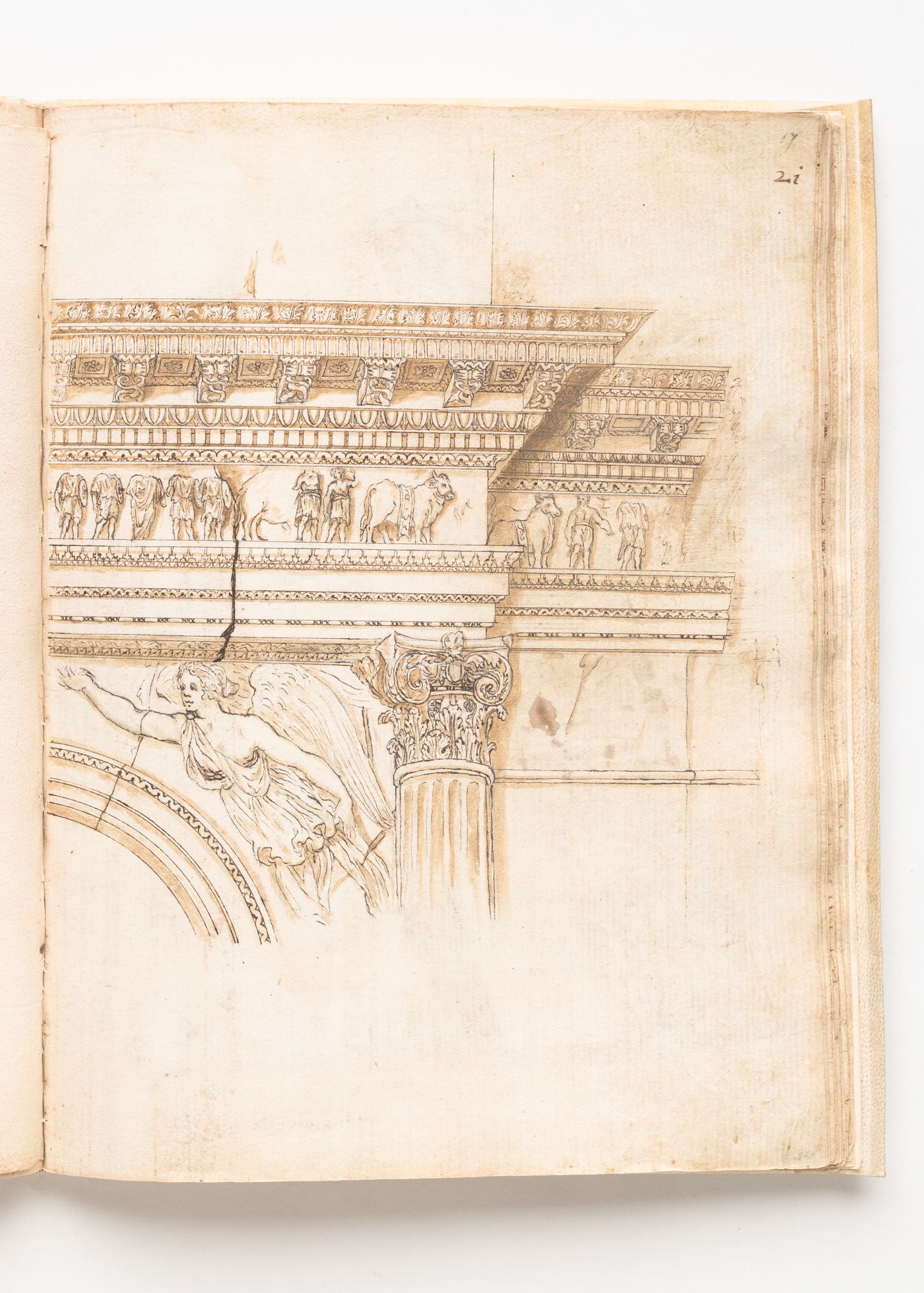 Detail of the east side of the Arch of Titus, Rome; verso and folio 22: Corner of pediment of the Frontispicium Neronis, Rome (now demolished)