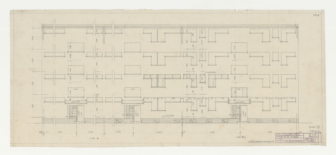 Street elevation for type B and type EO housing units for Block VIII, Hellerhof Housing Estate, Frankfurt am Main, Germany
