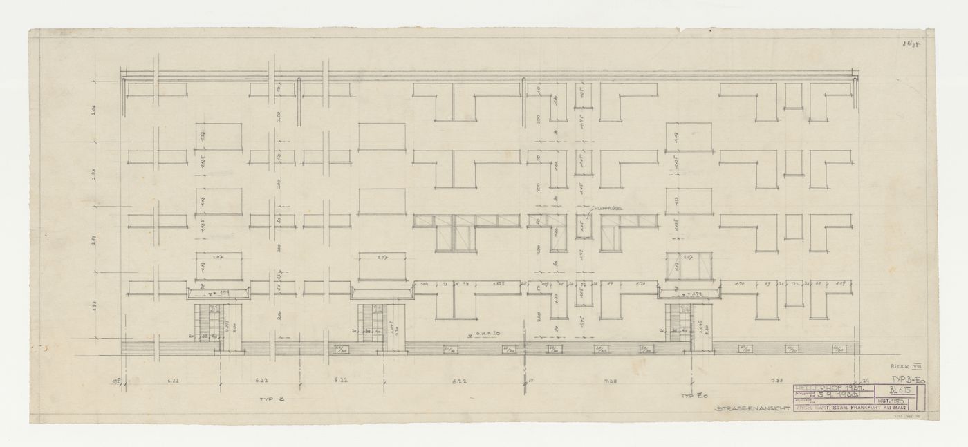 Street elevation for type B and type EO housing units for Block VIII, Hellerhof Housing Estate, Frankfurt am Main, Germany