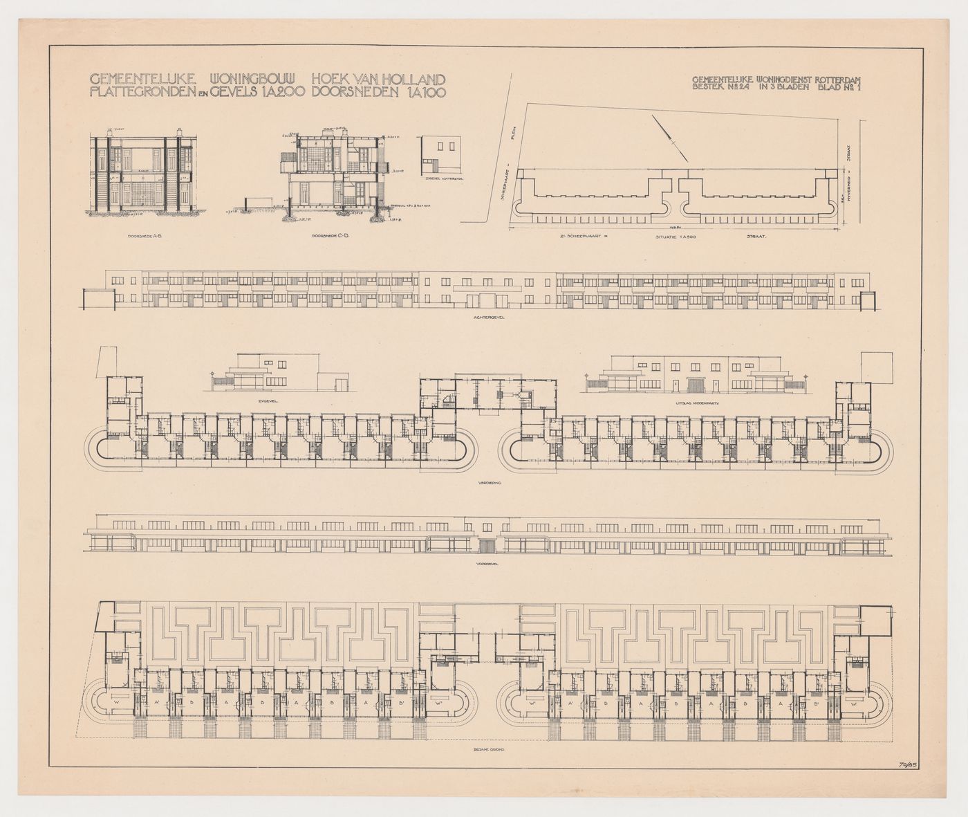 Site plan, floor plans, sections, and elevations for industrial row houses, Hoek van Holland, Netherlands