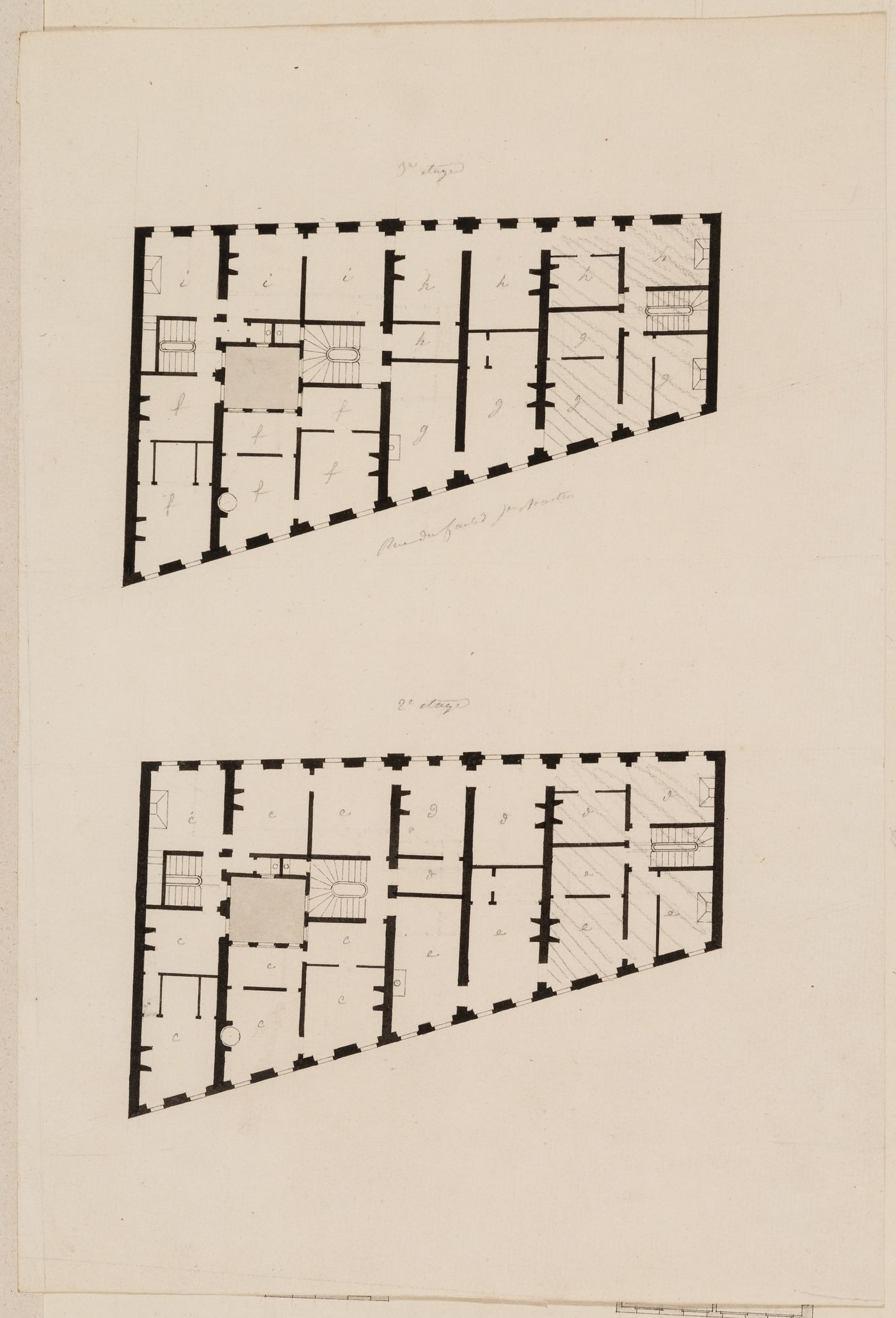 Project for alterations to the caserne de gendarmerie, rue du Faubourg-Saint-Martin: Partial second and third floor plans