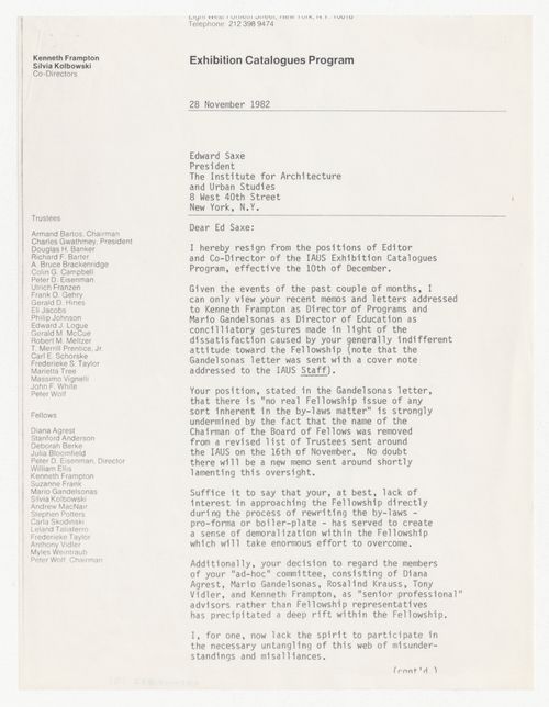 Letter from Silvia Kolbowski to Edward L. Saxe about Kolbowski's resignation as Editor and Co-Director of IAUS Exhibition Catalogues Program