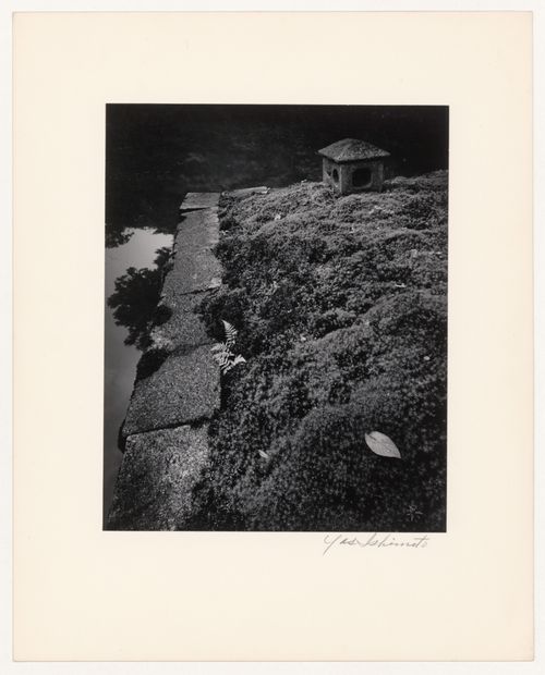 View of the boat landing and the Three Lights Lantern (also known as the Lantern of Three Luminaries) in front of the Shoiken, Katsura Rikyu (also known as Katsura Imperial Villa), Kyoto, Japan
