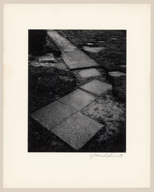 View of the paving stones and stepping-stones inside the Central Gate (also known as the Inner Gate) in the Carriage Stop Garden (also known as the Courtyard Garden), Katsura Rikyu (also known as Katsura Imperial Villa), Kyoto, Japan