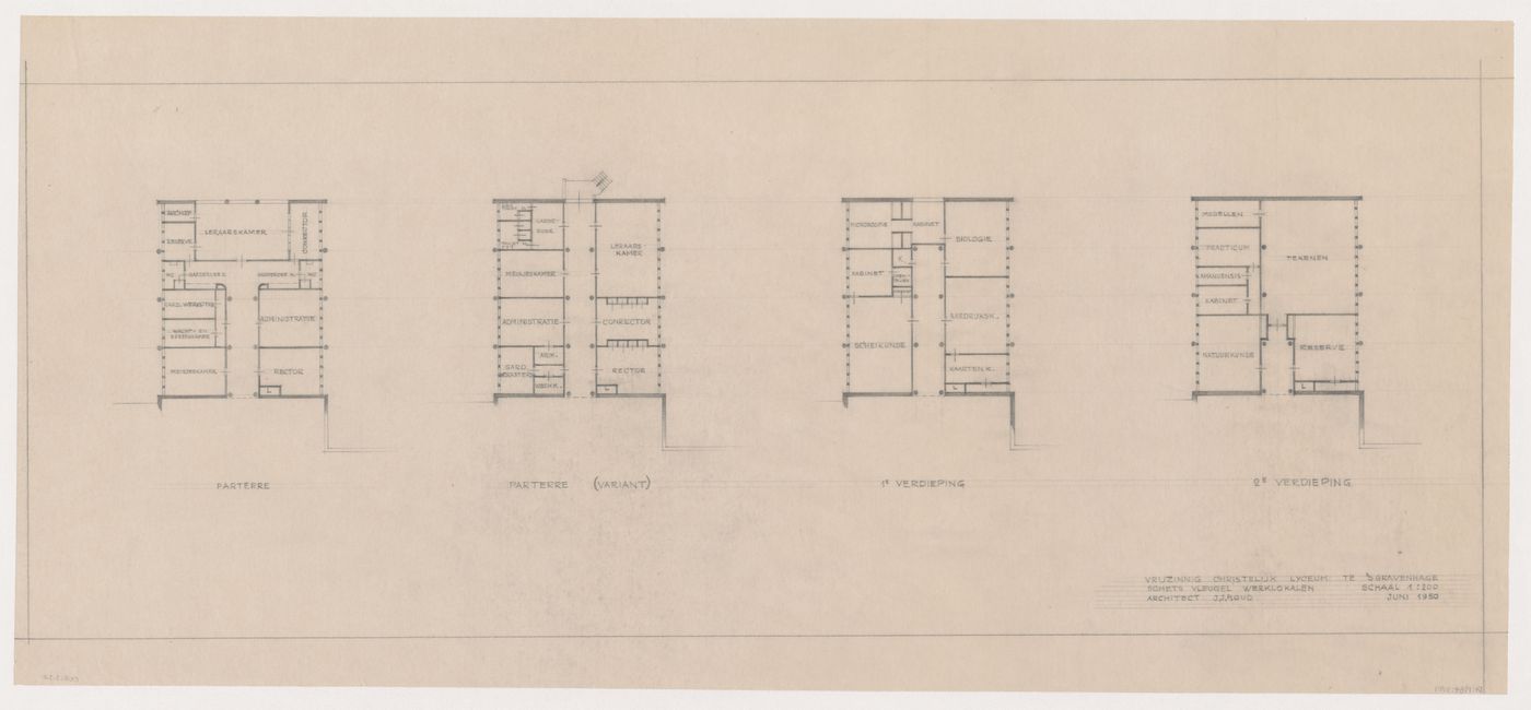 Ground plans, first and second floor plans for classrooms for the Second Liberal Christian Lyceum, The Hague, Netherlands