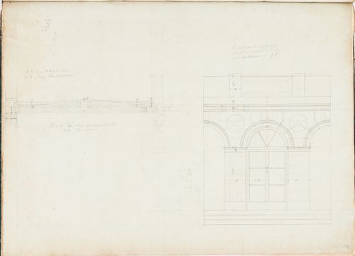 Project for the conversion of Hôtel Soyécourt, Paris, into barracks: Partial elevation and section for an arcade