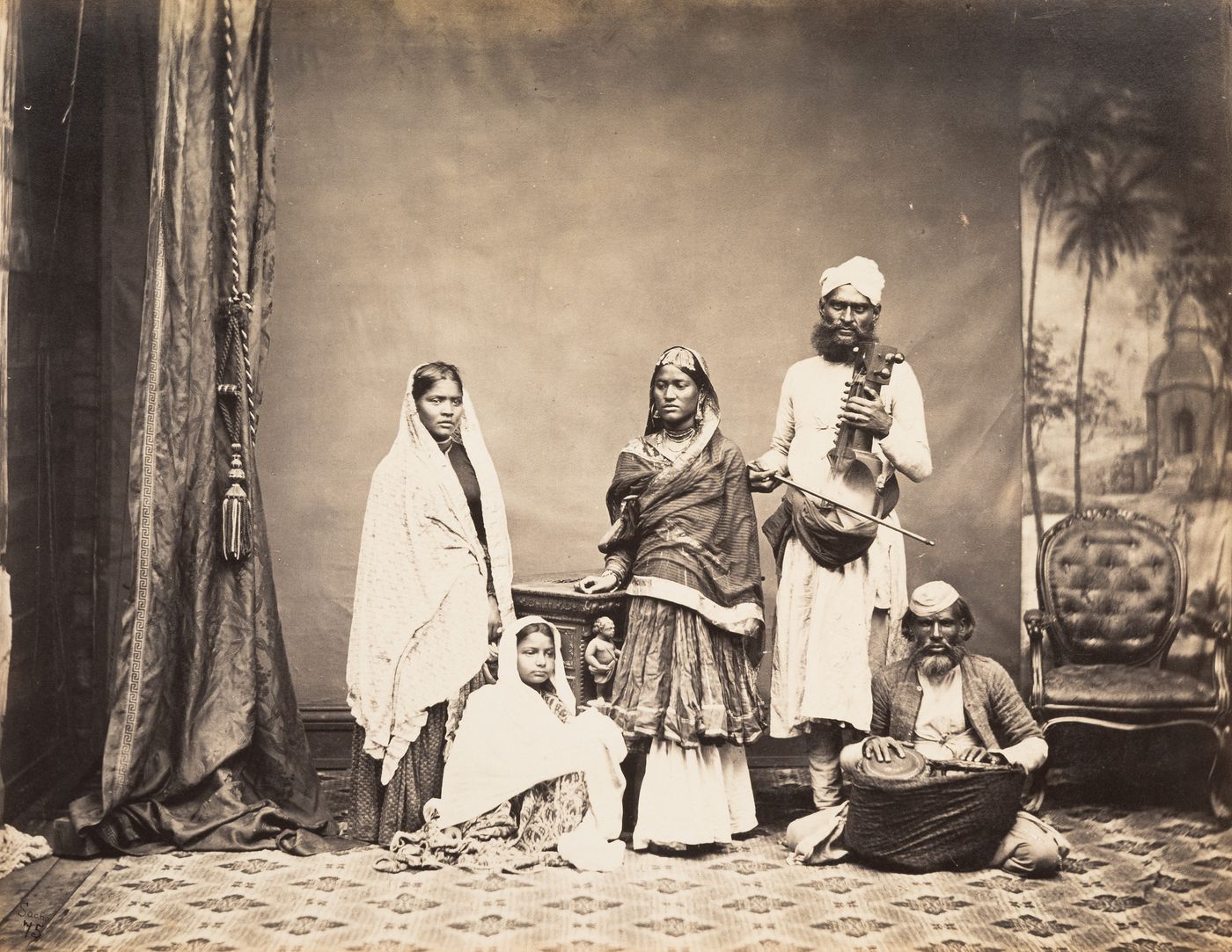 View of five Indian Nautch performing artists in a studio, Calcutta, India