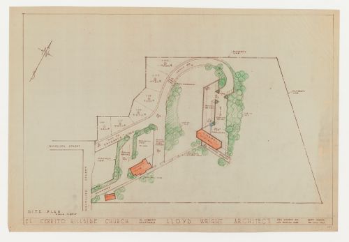 Swedenborg Memorial Chapel, El Cerrito, California: Site plan with sketches for trees