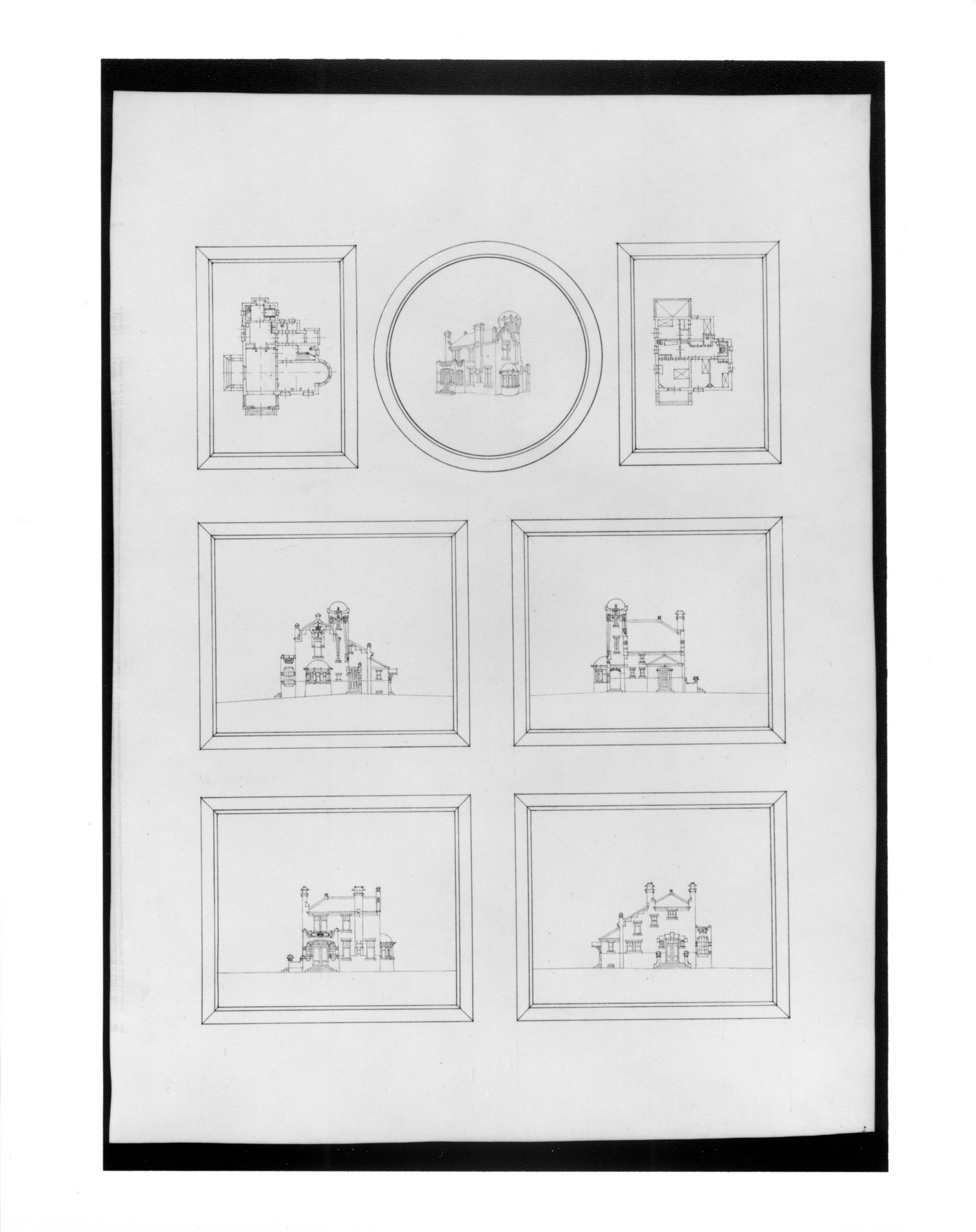 Perspective, ground and first floor plans and elevations for a house, Netherlands