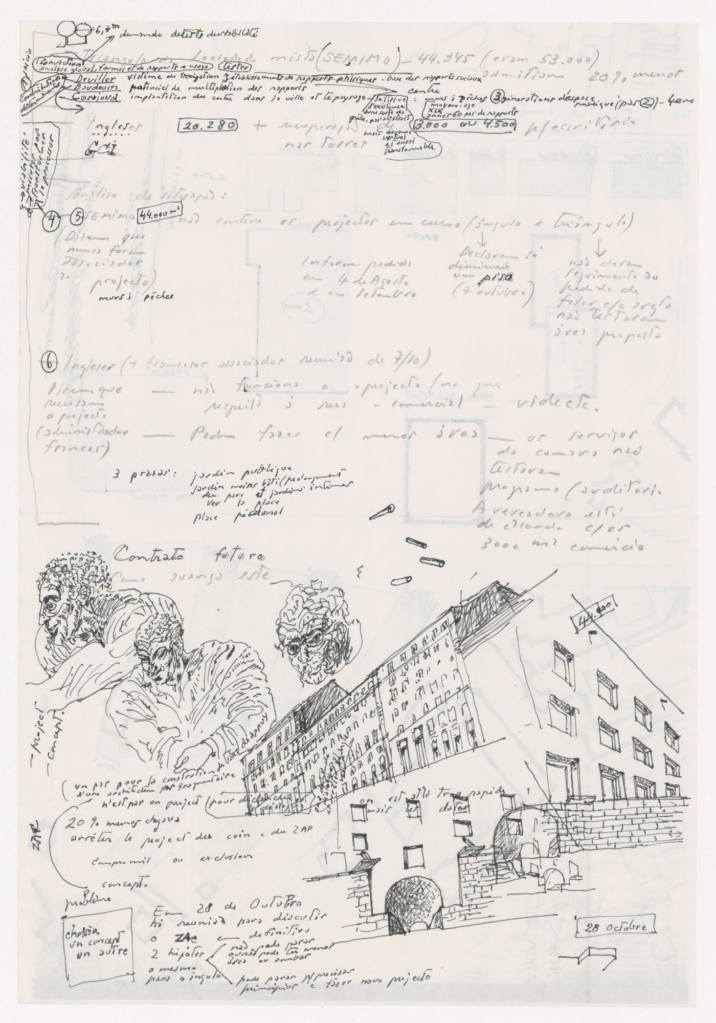 Sketch for Reconstrução do Chiado [Reconstruction of the Chiado area], Lisbon, with notes related to Coeur de Ville, Montreuil, France; verso: Site plan for Coeur de Ville, Montreuil, France