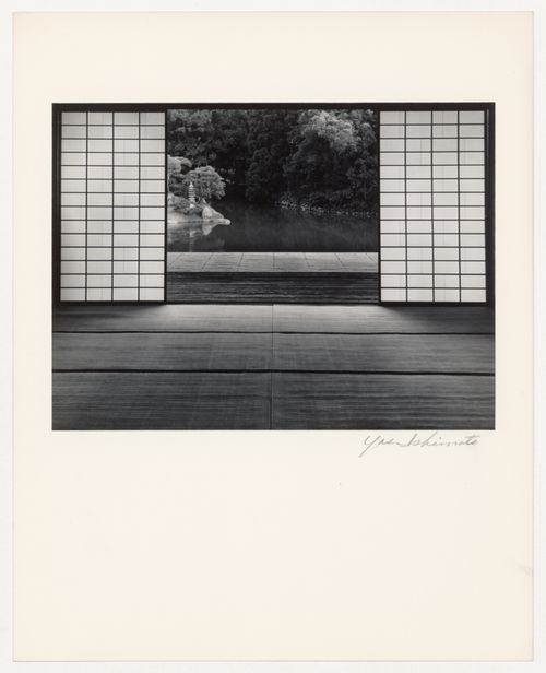 View of the Moon-viewing Platform, the pond and the garden showing the Second Room of the Old Shoin in the foreground, Katsura Rikyu (also known as Katsura Imperial Villa), Kyoto, Japan