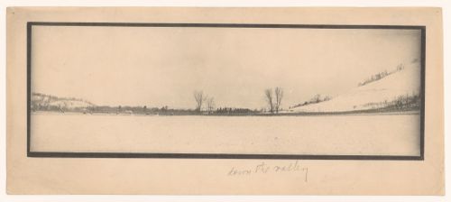 Panoramic landscape view of a snow-covered valley, taken around the Hillside Home School, Spring Green, Wisconsin, United States