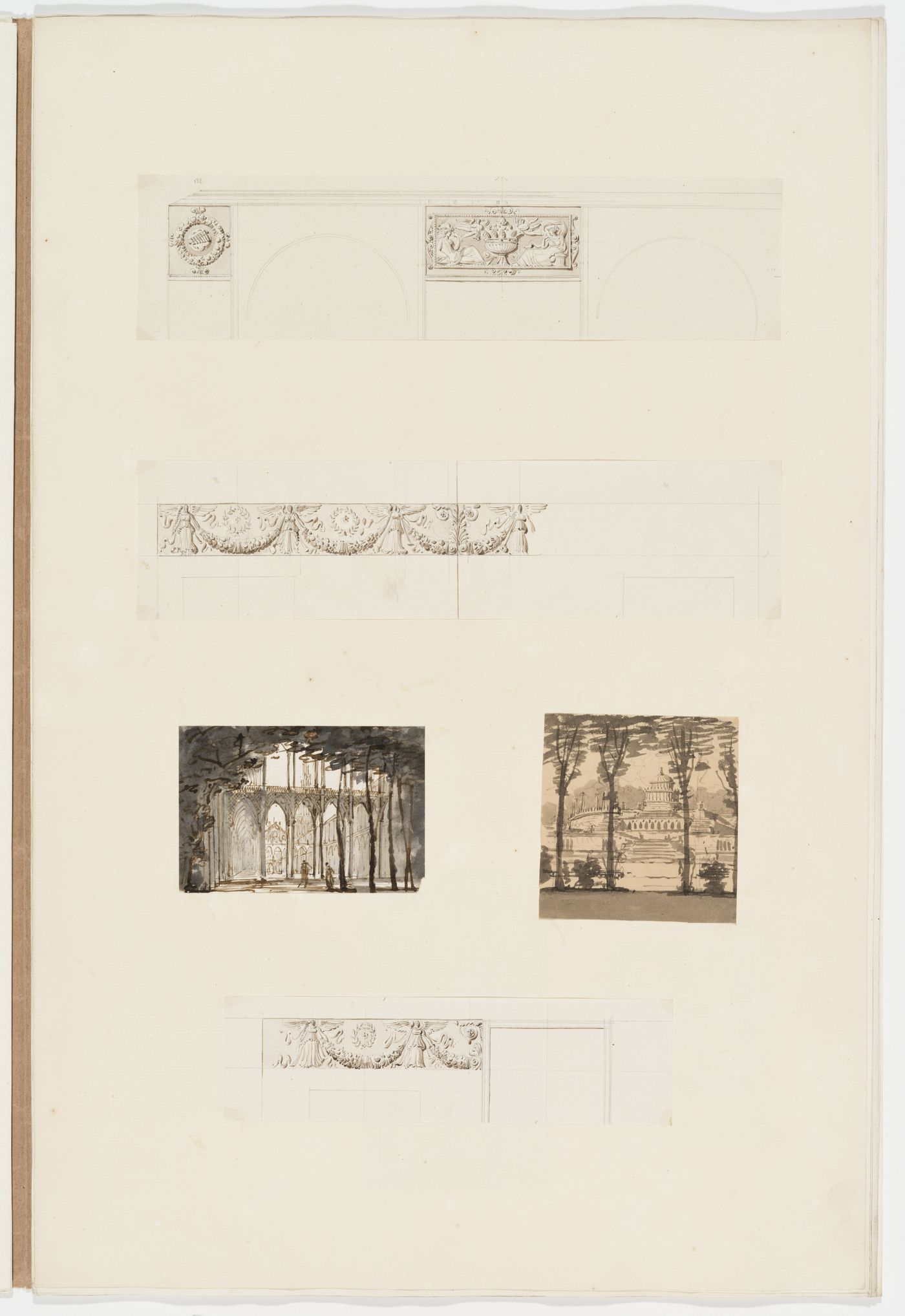 Three elevations of ornament panels and friezes with a festoon and vases; Two unidentified views