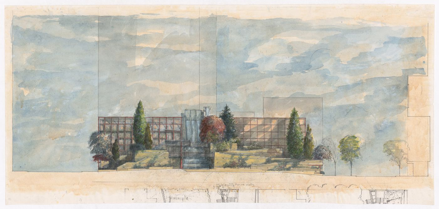 Sectional elevation for the competition for Bay Adelaide Park, Toronto
