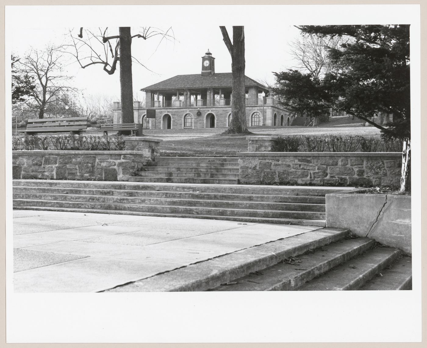 Distant view of the Pavilion in Murray Park with stairs in the foreground, Westmount, Québec
