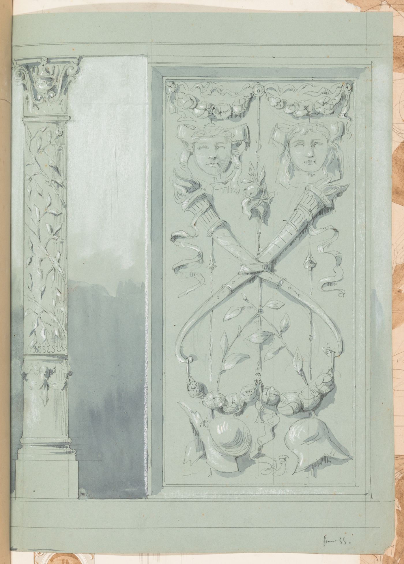 Elevations of a column with vegetal ornament and a panel with grotesques
