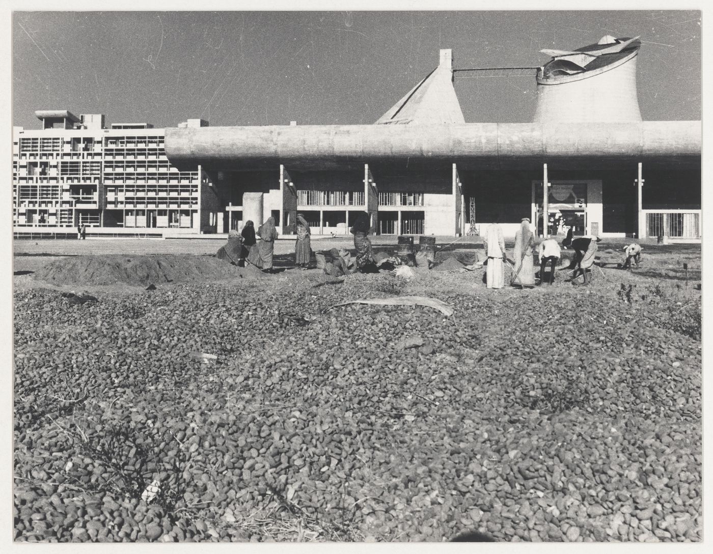 View of workers in front of the Assembly with the Secretariat in background, Capitol Complex, Sector 1, Chandigarh, India