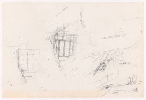 Sketch floor plan, elevation, and perspectives for Habitações Colectivas da Mobil Oil Portuguesa, Matosinhos, Portugal