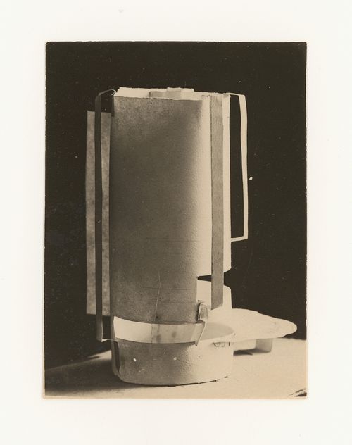 Photograph of student models on the topic "Finding a Voluminous Form (Cylinder) with Inclusion of Additional Elements in Space" for the "Space" course at the Vkhutemas (Higher State Artistic Technical Studios), Moscow