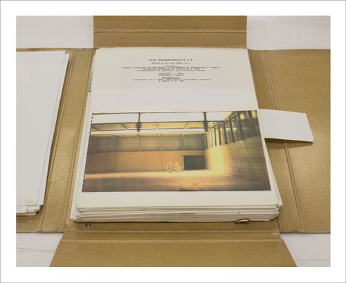 Proofs of Relevance: View of a photographic layout for a portfolio showing a model of the Madrigal de las Altas Sports Hall, Abalos & Herreros (1990-1991), Avila, Spain