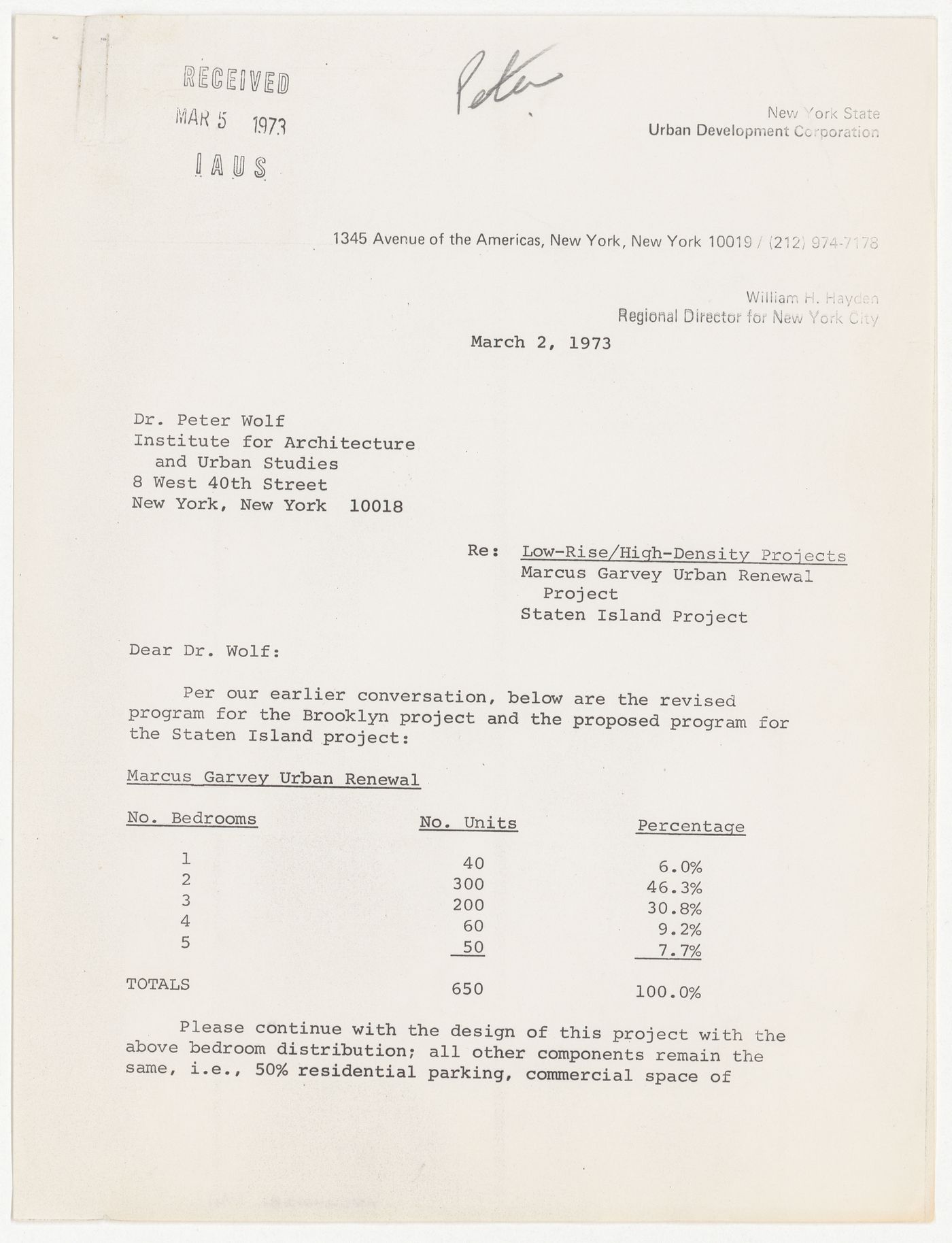 Letter from William H. Hayden to Peter Wolf describing Low-Rise High-Density (LRHD) project with attached map