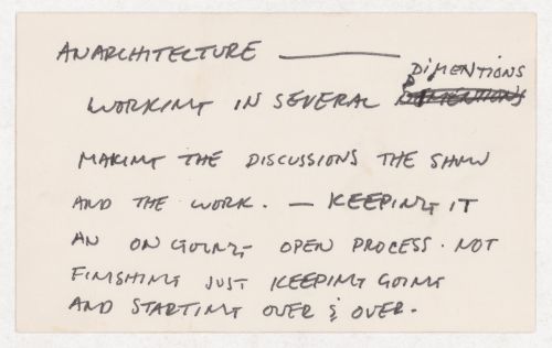 Anarchitecture - working in several dimentions / Making the discussions the show and the work. - / Keeping it an ongoing open process. not finishing just keeping going and strarting & over and over
