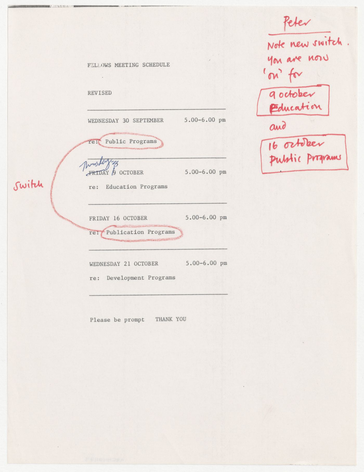 Revised schedule for the meeting of the Fellows with annotations