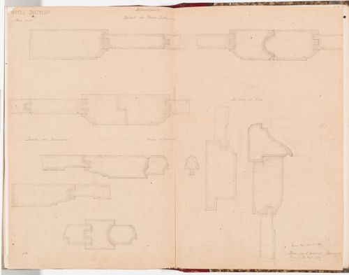 Joinery details for an exterior door, the "entresol" windows, panelling, a fountain and apparently a frieze, all for the outbuilding, Hôtel Soltykoff