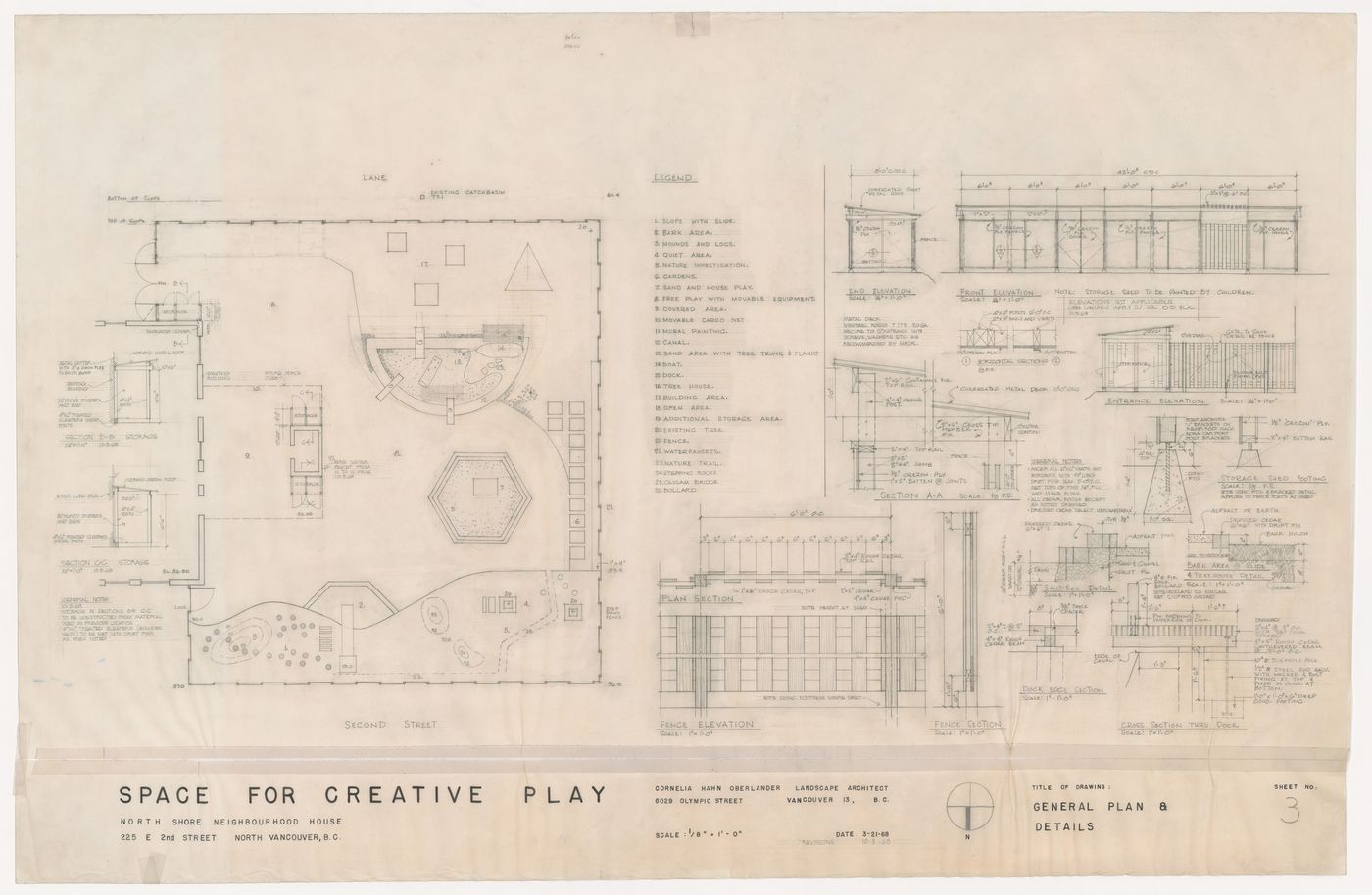 Site plan, elevations, and sections for North Shore Neighbourhood House Playground, Vancouver, British Columbia