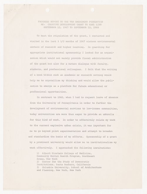 Progress report to the Van Ameringen Foundation by Karl Linn