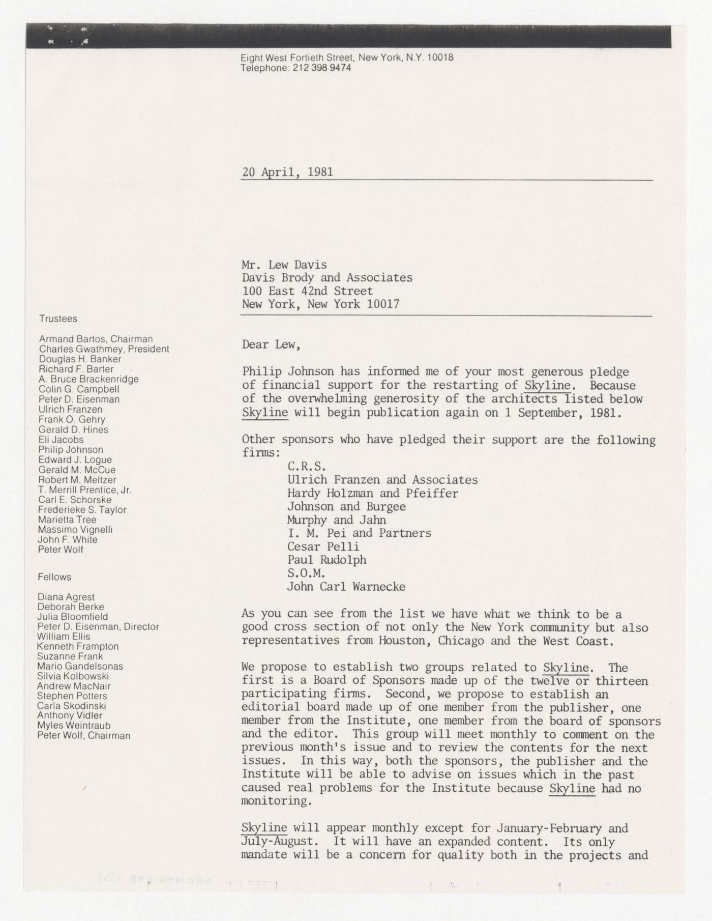 Letter from Peter D. Eisenman to Lew Davis about sponsorship for Skyline