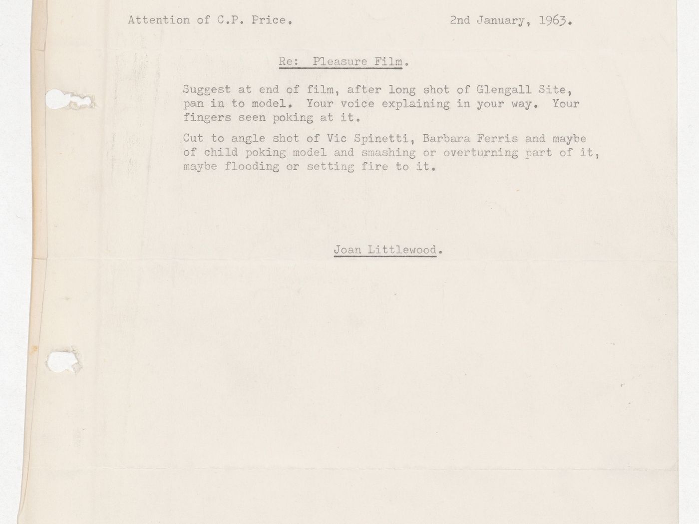 Letter from Joan Littlewood to Cedric Price regarding the Pleasure film