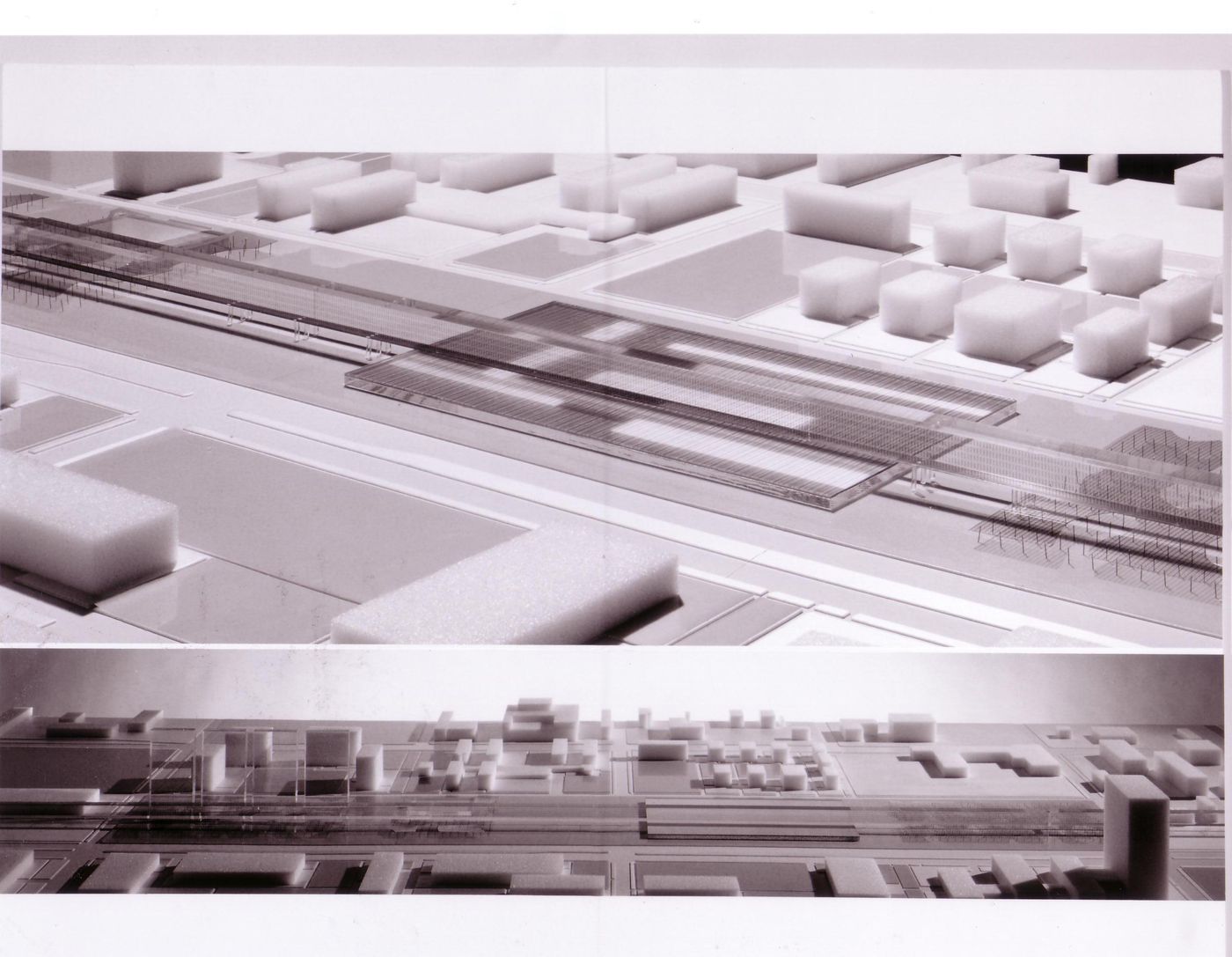 Two views of model, submission to the Richard H. Driehaus Foundation International Design Competition for a new campus center (1997-98), Illinois Institute of Technology, Chicago, Illinois